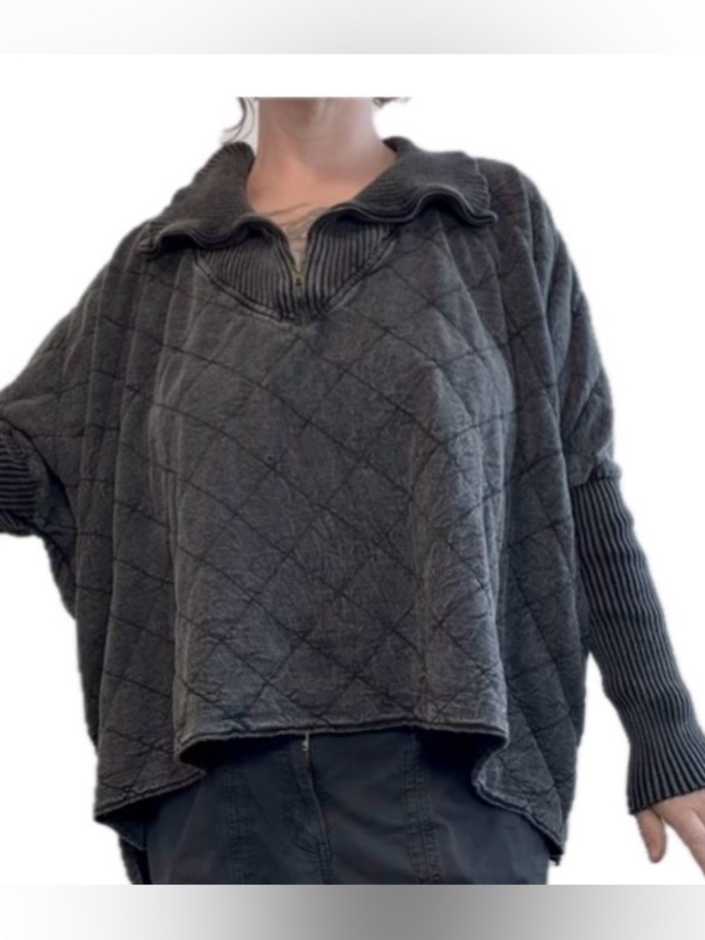 Free People One Fp One Shiloh Sweatshirt, Boxy High Low Acid Wash Black Large